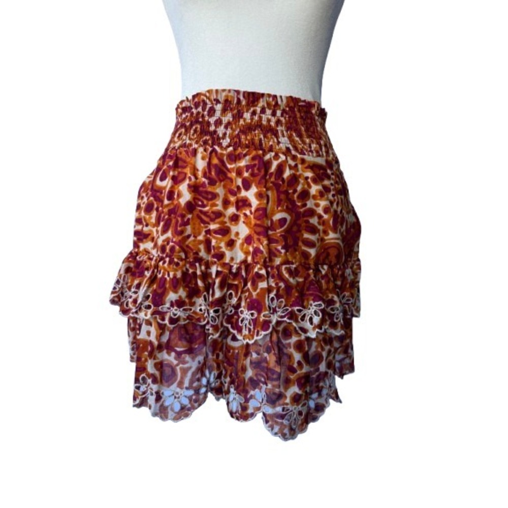 House of Harlow 1960 Mini Skirt Orange Size S Boho Eyelet Ruffle Smocked Layered